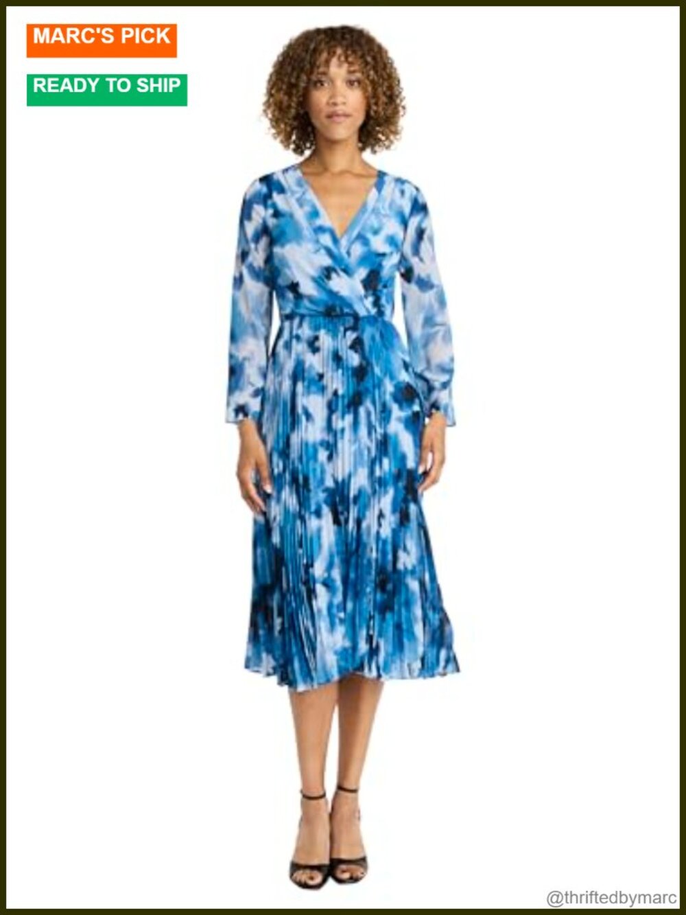 Elegant Wrap Midi Dress Long Sleeve V-Neck Pleated Cocktail